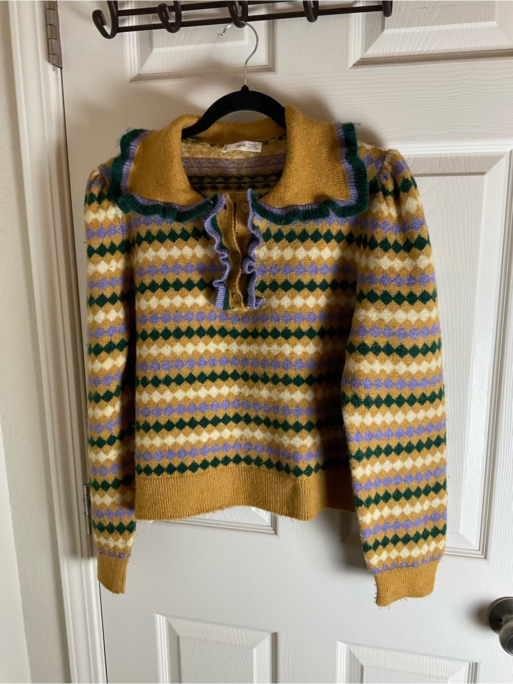 MANGO Arlequin Geometric Pattern Ruffle Detail Polo Sweater size Xl - Picture 3 of 12
